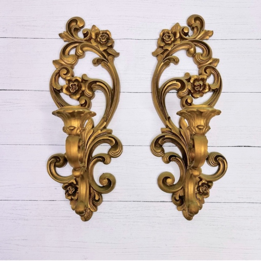 Vintage Hollywood regency gold ornate sconce pair